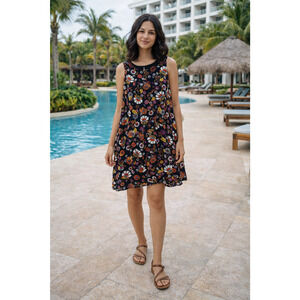 J Jill Brown Floral Dress Medium Sleeveless Dress Pockets Modest Boho Beachy